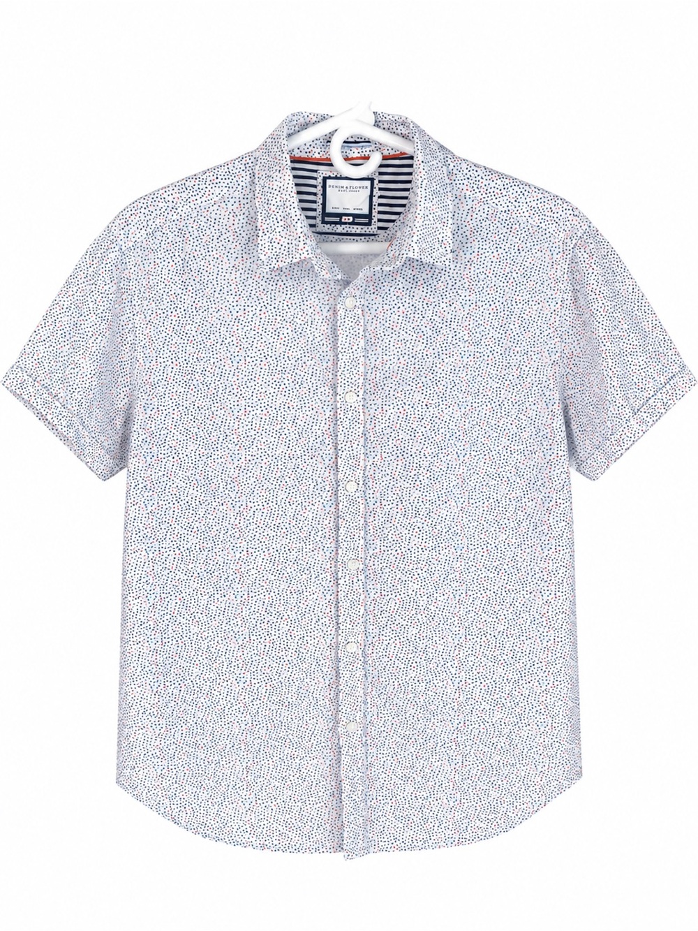 Denim & Flower White Short-Sleeve Button- patterned specks size large